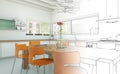 Interior Design Kitchen Drawing Gradation Into Photograph Royalty Free Stock Photo