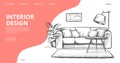 Interior design landing page. Vector sketch of living room. Hand drawn furniture