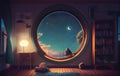 Interior design, large window looking over a start galaxy sky, night time, cozy, lofi art Royalty Free Stock Photo