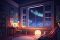Interior design, large window looking over a start galaxy sky, night time, cozy, lofi art Royalty Free Stock Photo