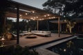 Interior design of a lavish side outside garden at evening, with a teak hardwood deck and a black pergola.