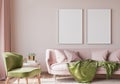 Poster mock up for interior design of living area with stylish home accessories on bright pink background Royalty Free Stock Photo