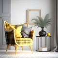 Interior design of living room with armchair and yellow plaid. Rattan coffee table in room with white wall. Home interior. 3d Royalty Free Stock Photo