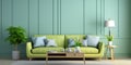 Interior design of living room with blue sofa and coffee tables, over light green wall with wooden panelling, panorama