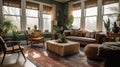 Interior deisgn of Living Room in Bohemian style with Large windows