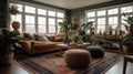 Interior deisgn of Living Room in Bohemian style with Large windows