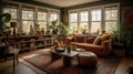 Interior deisgn of Living Room in Bohemian style with Large windows