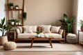 Interior design of living room with brown wooden sofa, macrame, bookstand, coffee table, plants pillows.