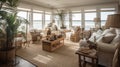 Interior deisgn of Living Room in Coastal style with Large windows with ocean view Royalty Free Stock Photo