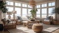 Interior deisgn of Living Room in Coastal style with Large windows with ocean view Royalty Free Stock Photo