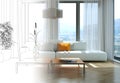 Interior Design Living Room Drawing Gradation Into Photograph Royalty Free Stock Photo