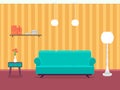 Interior design of living room in flat style with furniture, sofa, table, bookshelf, lamp. Indoor designing example. Royalty Free Stock Photo