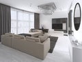 Interior Design: Living room with a large corner sofa and a TV unit in contemporary style