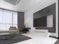 Interior Design: Living room with a large corner sofa and a TV unit in contemporary style