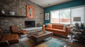 Interior deisgn of Living Room in Mid-Century Modern style with Fireplace Royalty Free Stock Photo