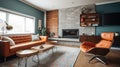 Interior deisgn of Living Room in Mid-Century Modern style with Fireplace Royalty Free Stock Photo