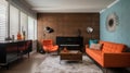 Interior deisgn of Living Room in Mid-Century Modern style with Fireplace Royalty Free Stock Photo