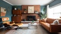 Interior deisgn of Living Room in Mid-Century Modern style with Fireplace Royalty Free Stock Photo