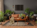 Interior design of living room interior with mock up poster frame, brown sofa, plants, wooden coffee table, lamp, ball, stylish Royalty Free Stock Photo