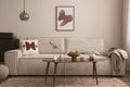 Interior design of living room with mock up poster frame, modern beige sofa, brown braided blanket, wooden coffee table, vase with Royalty Free Stock Photo