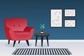 Interior design of a living room with red sofa and dark blue wall. Home interior. Vector illustration Royalty Free Stock Photo