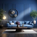 Interior design, living room with sofa, blue color. Square photo. AI generative