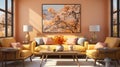 Interior design of a living room with a sofa, yellow color, a painting and lamps, for designers interiors Royalty Free Stock Photo