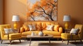 Interior design of a living room with a sofa, yellow color, a painting and lamps, for designers interiors Royalty Free Stock Photo