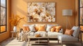 Interior design of a living room with a sofa, yellow color, a painting and lamps, for designers interiors Royalty Free Stock Photo