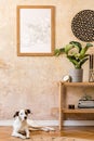 Interior design of living room with stylish black chair, wooden console, books, plant, clock, decoration, grunge wall. Royalty Free Stock Photo