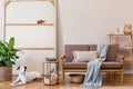 Interior design of living room with stylish brown wooden sofa.