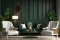 The interior design of the living room with white armchairs, dark green planks paneling walls.