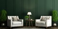 Interior design of living room with white armchairs over the dark green planks paneling wall. Farmhouse style