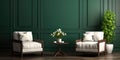 Interior design of living room with white armchairs over the dark green planks paneling wall. Farmhouse style Royalty Free Stock Photo
