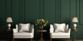 Interior design of living room with white armchairs over the dark green planks paneling wall. Farmhouse style