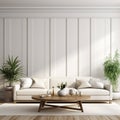 Interior design of living room with white sofa and coffee tables, over white wall with wooden panelling, panorama 3d rendering