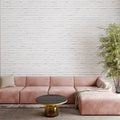 Interior design a livingroom with pink sofa and decors in front of the empy brick wall  wall mockup Royalty Free Stock Photo