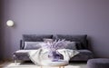 Interior design of luxury living room with stylish sofa, purple vase , and elegant accessories on purple empty wall