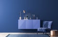 Interior design of luxury living room with stylish velvet armchair, blue cabinet and elegant accessories. empty blue wall