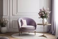 Interior design of luxury living room with white armchair and lavender table and white walls created by generative AI