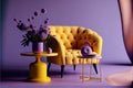 Interior design of luxury living room with yellow armchair and lavender table and purple walls