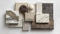 Interior design material palette with textile, stone, wood, and composite samples arranged in overlapping layout Royalty Free Stock Photo