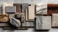 Interior design material palette with textile, stone, wood, and composite samples arranged in overlapping layout Royalty Free Stock Photo