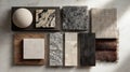 Interior design material palette with textile, stone, wood, and composite samples arranged in overlapping layout Royalty Free Stock Photo