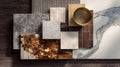 Interior design material palette with textile, stone, wood, and composite samples arranged in overlapping layout Royalty Free Stock Photo