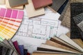 Interior design materials and color samples with floor plan blueprint Royalty Free Stock Photo
