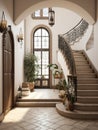 Interior design of Mediterranean style entrance hall with door and staircase