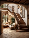 Interior design of Mediterranean style entrance hall with door and staircase