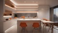 Interior design of minimalist kitchen integrated with dining area with orange lights at night Royalty Free Stock Photo