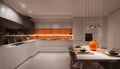 Interior design of minimalist kitchen integrated with dining area with orange lights at night Royalty Free Stock Photo